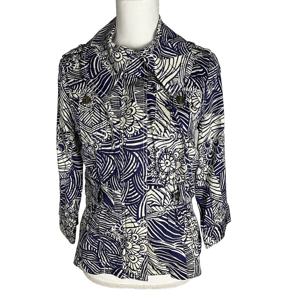 Coldwater Creek Womens Jacket Size 4 Blue White‎ Floral Print Adjustable Waist